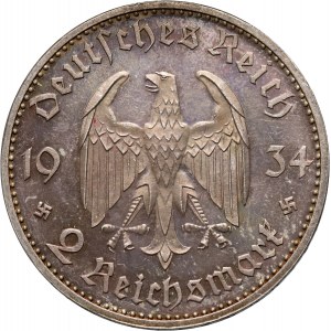 Niemcy, III Rzesza, 2 marki 1934 A, Berlin, Kościół garnizonowy w Poczdamie, Stempel lustrzany, PROOF