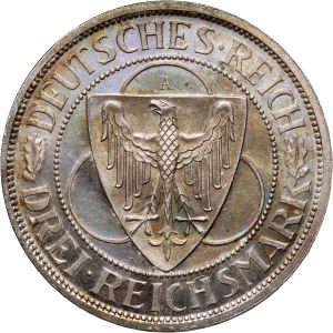 Niemcy, Republika Weimarska, 3 marki 1930 A, Berlin, Rheinlandraumung, Stempel lustrzany, PROOF