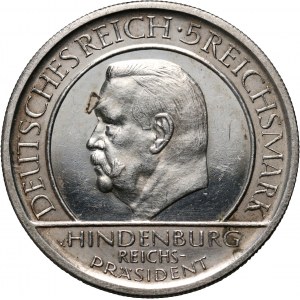 Niemcy, Republika Weimarska, 5 marek 1929 A, Berlin, Hindenburg, Stempel lustrzany, PROOF