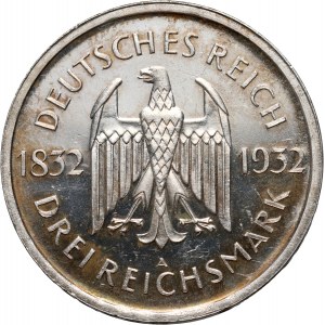 Niemcy, Republika Weimarska, 3 marki 1932 A, Berlin, Goethe, Stempel lustrzany, PROOF