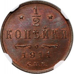 Russia, Nicholas II, 1/2 Kopeck 1911 СПБ, St. Petersburg