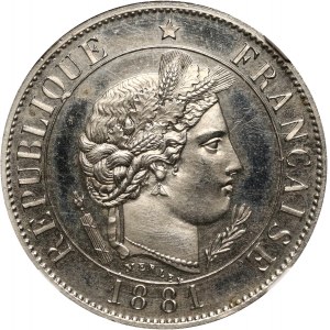 France, Third Republic, obverse trial strike of 25 Centimes 1881