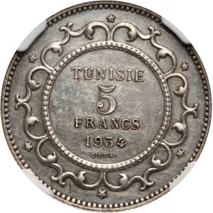 Tunisia, Ahmed Bey, 5 Francs AH1353 (1934), essai, silver