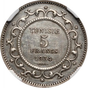 Tunezja, Ahmed Bey, 5 franków AH1353 (1934), próba w srebrze
