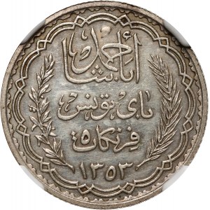 Tunisia, Ahmed Bey, 5 Francs AH1353 (1934), essai, silver