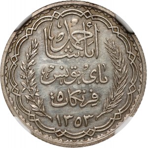 Tunezja, Ahmed Bey, 5 franków AH1353 (1934), próba w srebrze