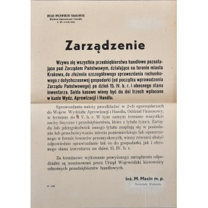 Urząd Wojewódzki Krakowski, Wydział Aprowizacji i Handlu - ZARZĄDZENIE, 1945