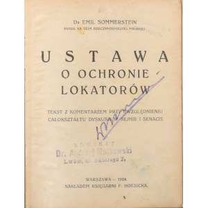 Sommerstein Emil - Ustawa o ochronie lokatorów. Warszawa 1924 Nakł. Księgarni F. Hoesicka.