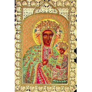 Przedwojenny święty obrazek przedstawiający Matkę Boską Jasnogórską [Częstochowską]