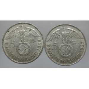 5 Marka 1937 F, 1938 G Hindenburg,  svastika     2ks