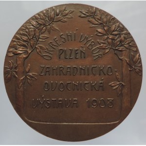 Šmakal, V. Bz 49mm, Plzeň, Zahradnicko-ovocnická výstava 1905, nápis ve věnci/muž ošetřující ovocný strom