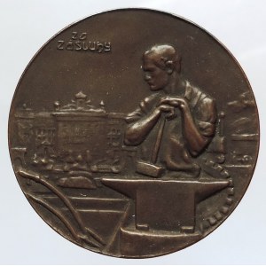 Bz 35mm, I. Dělnicko-živnost.hospodářská výstava v Nové Pace 1910, Pichl, erb ve věnci/dělník u kovadliny, silueta města