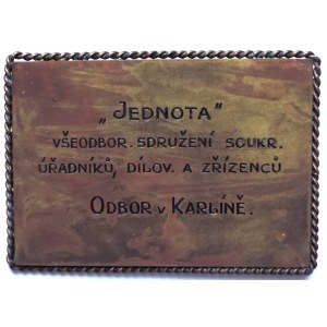 Bz plaketa v ozdobném rámečku 70x55mm (1923), Jednota, všeodobor.sdružení soukr. úřadníků, dílov. a zřízenců, Zakládajícímu členu 1898-1923, ležící lev zprava, v pozadí ratolest a Hradčany/4řádkový nápis