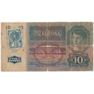 Czechoslovakia, 10 Haleřu stamp on 10 Korona 1919