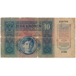 Czechoslovakia, 10 Haleřu stamp on 10 Korona 1919