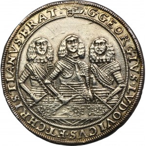 Śląsk, Księstwo Legnicko-Brzesko-Wołowskie, Jerzy III Brzeski, Ludwik IV Legnicki i Krystian Wołowsko-Oławski, Talar Brzeg 1659 EW - RZADKI