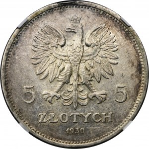 Sztandar, 5 złotych 1930 - NGC MS61 - stempel płytki