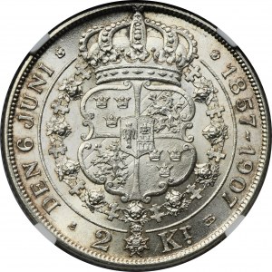 Švédsko, Oscar II, 2 koruny Štokholm 1907 - NGC MS63
