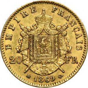 Frankreich, Napoleon III, 20 Francs Strasbourg 1869 BB