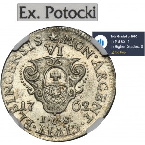 Augustus III of Poland, 6 Groschen Elbing 1762 ICS - NGC MS62 - RARE, ex. Potocki