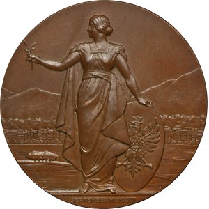 Medaila na pamiatku prijatia Poľska do Rady Spoločnosti národov 1926 - RZADKI, Aumiller, podpísaná