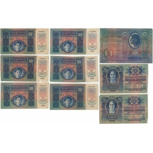 Rakousko, sada 10-100 korun 1912-15 (9 kusů).