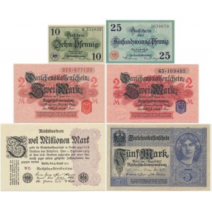 Deutschland, Satz von 10 Fenig - 2 Millionen Mark 1914-23 (6 Stück).