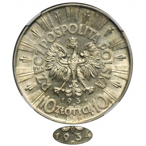 Piłsudski, 10 złotych 1934 - NGC AU58 - RZADKIE