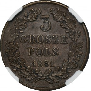 Powstanie Listopadowe, 3 Grosze Warszawa 1831 KG - NGC AU55 BN