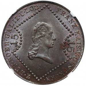 Rakúsko, František II, 15 krajciarov Viedeň 1807 A - NGC MS63 BN