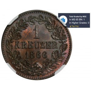 Nemecko, Bádensko, Fridrich I., 1 Krajcar Karlsruhe 1866 - NGC MS65 BN