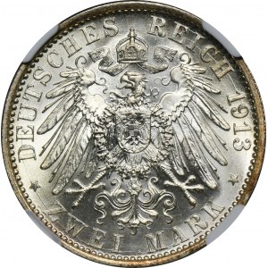 Niemcy, Królestwo Prus, Wilhelm II, 2 Marki Berlin 1913 A - NGC MS66