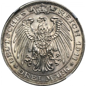 Niemcy, Królestwo Prus, Wilhelm II, 3 Marki Berlin 1911 A - NGC MS63