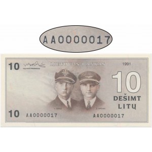 Lithuania, 10 Litu 1991 - AA 0000017 - LOW SERIAL NUMBER