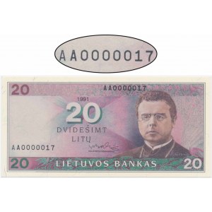 Lithuania, 20 Litu 1991 - AA 0000017 - LOW SERIAL NUMBER