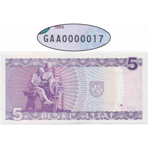 Litva, 5 litů 1993 - GAA 0000017 - NÍZKÉ ČÍSLO