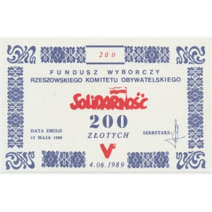 Solidarita, tehla 200 zl 1989 - Volebný fond K.O. Rzeszów -