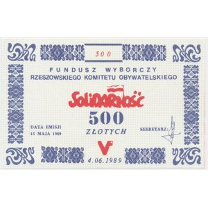 Solidarność, cegiełka 500 złotych 1989 - Fundusz Wyborczy Rzeszowski K.O. -