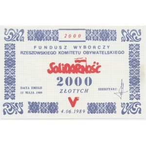 Solidarność, cegiełka 2.000 złotych 1989 - Fundusz Wyborczy Rzeszowski K.O. -