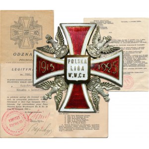 Odznaka Polskiej Ligii Wojennej Walki Czynnej wraz z legitymacją i dokumentem po ś.p. dr. Wacławie Hłasce - UNIKALNY ZESTAW