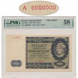 500 złotych 1940 - WZÓR - A 0000000 - PMG 58 - RZADKI