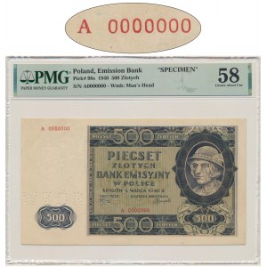 500 zloty 1940 - MODEL - A 0000000 - PMG 58 - RARE.