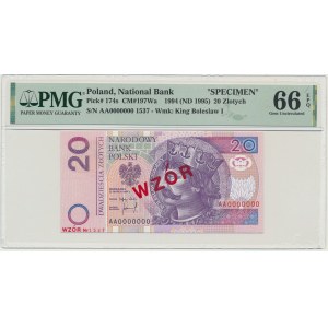 20 złotych 1994 WZÓR - AA 0000000 - Nr 1537 - PMG 66 EPQ