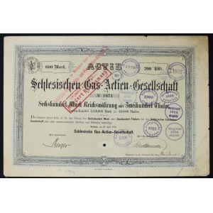Breslau, Schlesische Gas AG, stock of 600 marks/200 thalers 1874