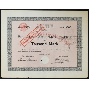 Wrocław, Breslauer Actien Malzfabrik, 1 000 marks 1911