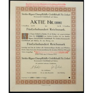 Szczecin, Stettin-Rigaer Dampfschifts-Gesellschaft Th. Gribel, 1,500 marks 1922