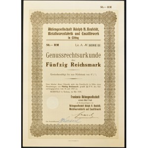 Aktiengesellschaft Adolph H. Neufeldt Metallwarenfabrik und Emaillirwerk, certyfikat udziału w zyskach, 50 marek 1926