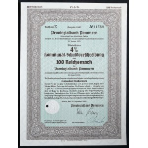 Szczecin, Provinzialbank Pommern, 4% municipal bond, 100 marks 1940