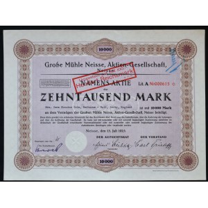 Große Mühle Neisse AG, registered share 10,000 marks 1923