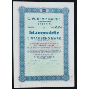 Štětín, C. W. Kemp Nachf. AG, podíl 1 000 marek 1923